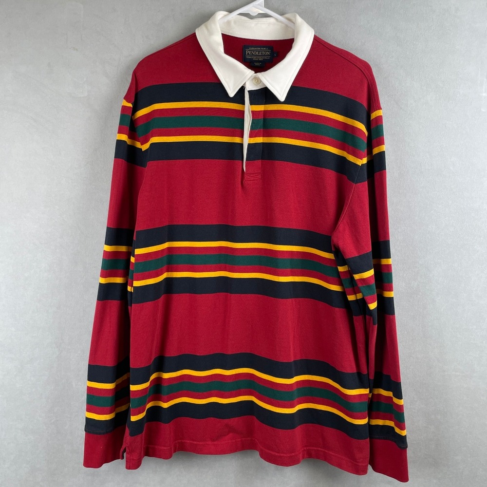 Pendleton Men LS Striped Rugby Shirt Red Navy Green Preppy Heritage Ivy League L